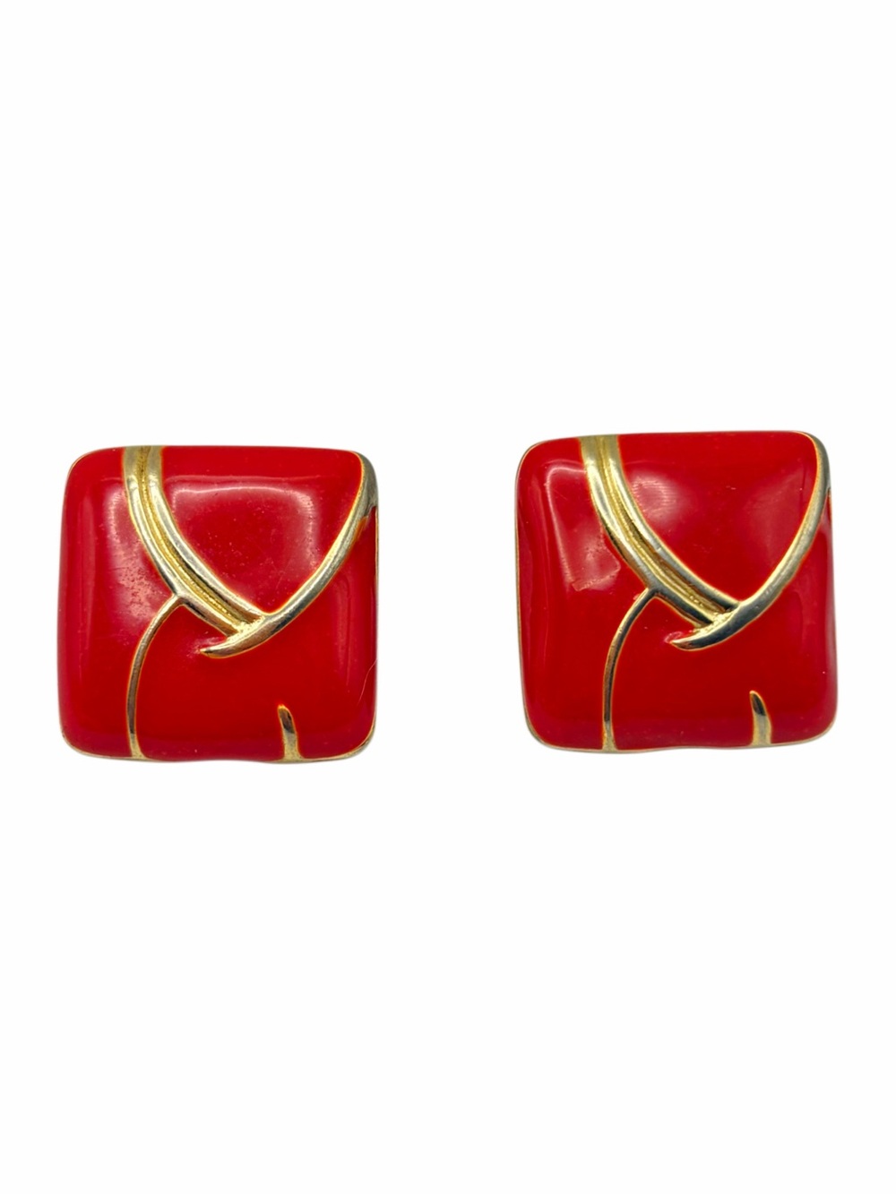 Vintage 1980s Red & Gold Tone Square Graphic Modernist Abstract Clip-On Earrings